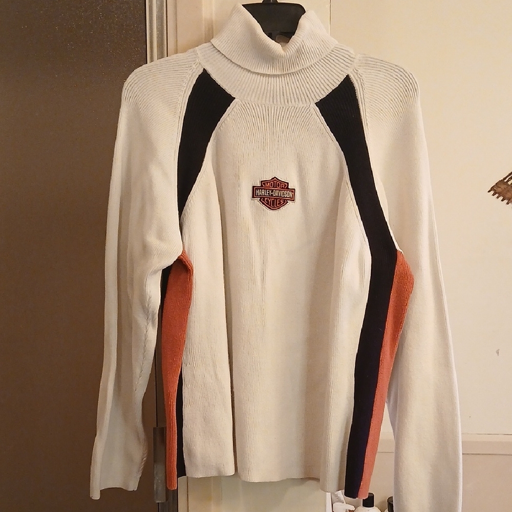 Harley-Davidson‎ Womens Turtleneck Sweater in White, Black, and Orange. Sz.med